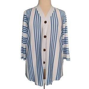 Susan Graver Draped Front Cardigan White Blue Stripes Size Large Coastal Beachy